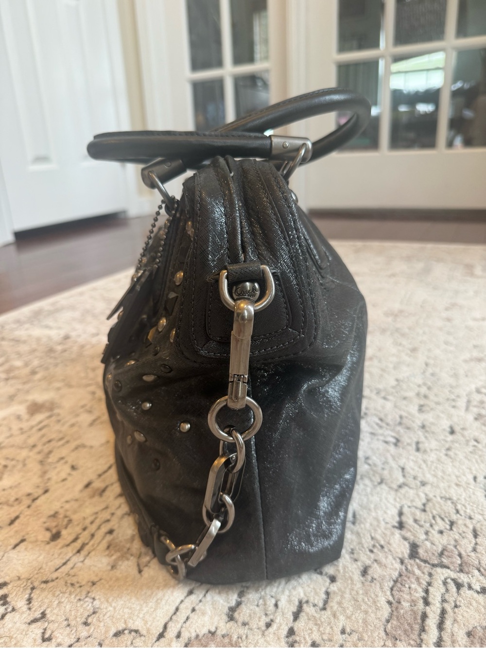 Coach Black Studded Leather Satchel with Chain Strap - Picture 2 of 9